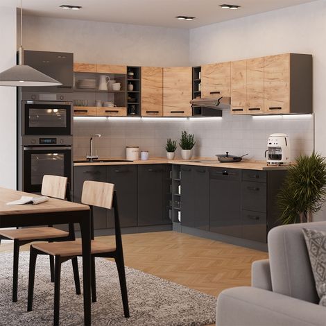 Cocina esquinera R-Line, Antracita-roble dorado/Antracita, 247 x 237 cm muebles bicolor, ENC Roble, Vicco (1/5)