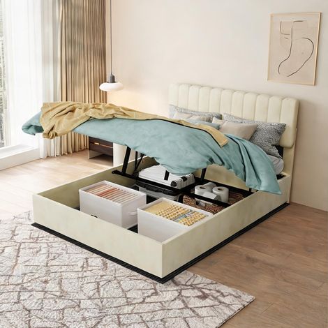 Tête de lit beige en tissu métal 200 x 140 x 156 cm (1/5)