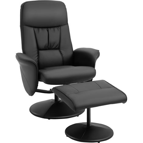Swivel Recliner Chair with Footstool, PU Leather Armchair and Ottoman with High Back and Round Base for Living Room, Black