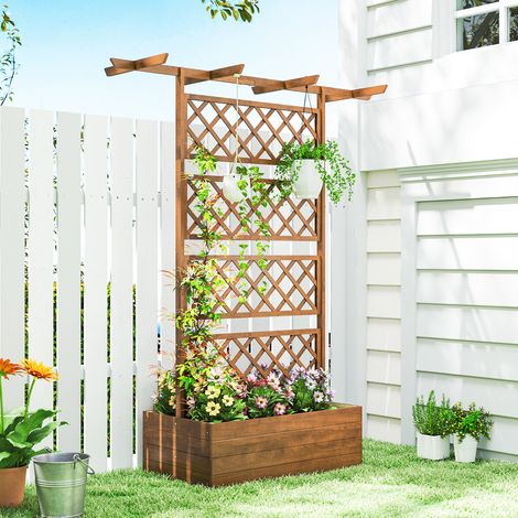Jardinière surélevée avec treillis et lattes de toit, bac à fleurs avec trous de drainage, toile non tissée imitation bois naturel