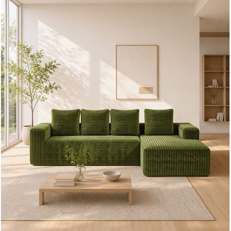 Canapé modulaire d'angle en L sans assemblage, assise confortable, pour salon ou chambre, velours côtelé - vert (1/5)