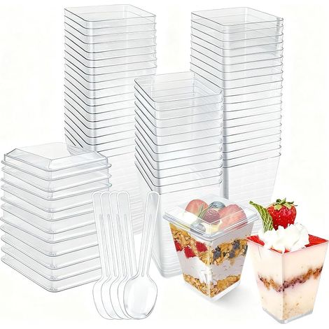 50 x Plastikbecher mit Deckel, wiederverwendbare Plastikbecher 160 ml, Dessertbecher für Eiscreme, Pudding, Mousse, Party, Picknick (1/5)