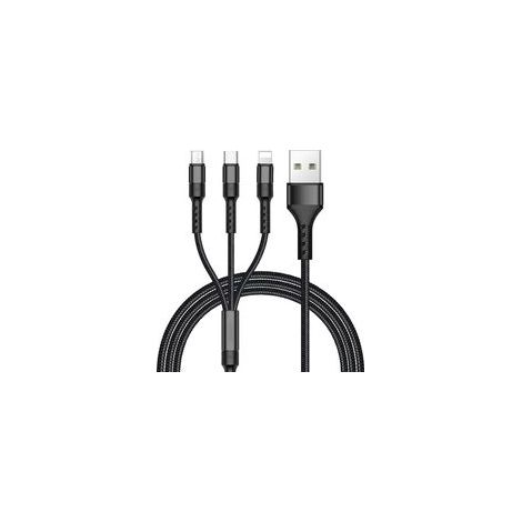 Câble multi USB 3 en 1 nylon tressé – Conectores Micro USB y Tipo C – Carga simultánea jusqu'à 5V/2A – Largo 1,2m (Negro)