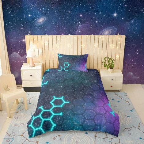 Bettwäsche-Set 155x220cm mit 1 Kissenbezug 80x80cm, Galaxy Sterne Hexagon Design