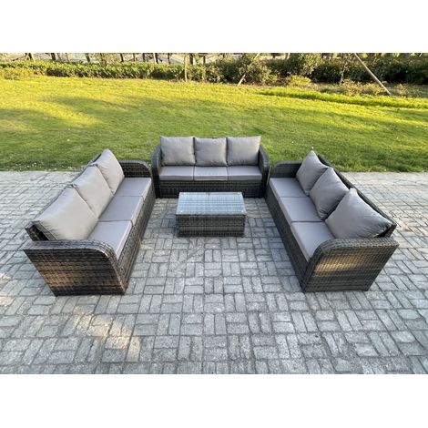 Fimous Rattan Lounge Sofa Set 9 Seater Outdoor Garden Furniture Set with Rectangular Coffee Table 3 Seater Sofa Dark Grey Mixed (1/5)