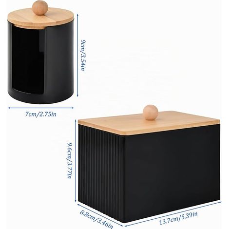 Boite Coton Tige, Boite à Coton avec Couvercles Bambou, Distributeur Rangement Noir Tige Bois Salle Bain Coiffeuse Salon (noir) (1/4)