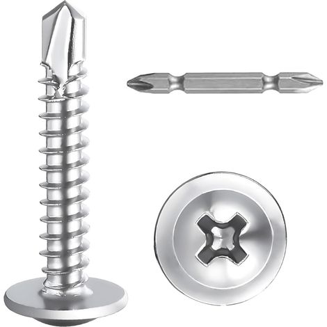 Lot de 100 Vis à Tôle Autoperceuses M4.2 x 25mm à tête Bombée en Acier Inoxydable 410, Cruciformes M4.2, Vis à Tête Ronde Autoperceuse Avec Tournevis pour Acier, Tôle