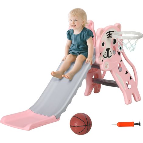 Toboggan pour enfants de 18 à 36 mois avec 2 échelles, 1 panier de basket et motif tigre 133 x 60 x 70 cm Rose et gris (1/5)