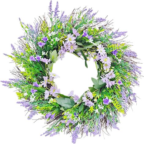 Frühlingsblumenkranz [45 cm] – Künstlicher Lavendel-Wildblumenkranz für Haus- und Gartendekoration (1/2)