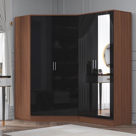 Reflect 2pc Wardrobe Bundle - 2 Door Corner + 2 Door Mirror - Black Gloss & Walnut