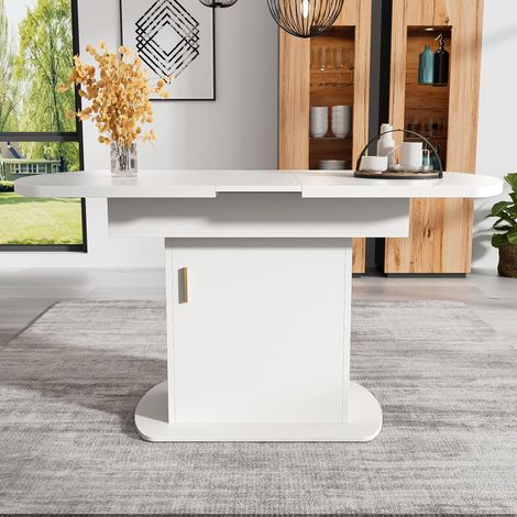 Mesa de comedor extensible, 110-130 x 70 x 75 cm, mesa ovalada con almacenaje y puertas, blanca y dorada (1/5)