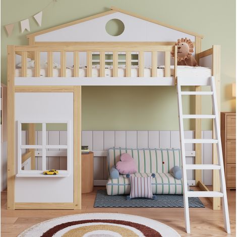 Etagenbett aus Massivholz und MDF Weiß/Natur 90x200 cm mit Treppe, Dach, Fenstern und Fallschutz (1/5)