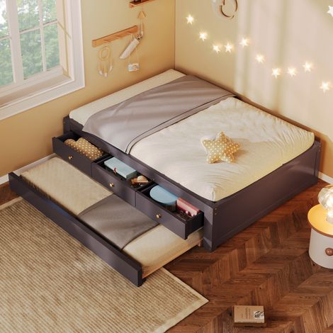 Cama individual con almacenaje 90x200 cm MDF y pino café, cama nido, sin colchón - CHICFURN (1/5)