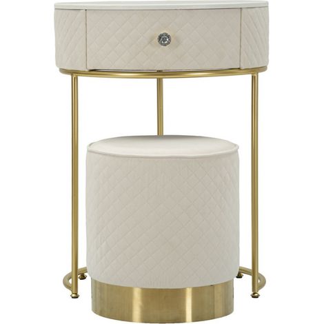 Comodino toletta Vellit crema con pouf abbinato Ø52x70 cm e Ø36x39 cm