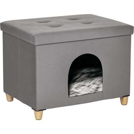 PawHut Niche chat maison de chat design surélevé avec coussin amoviable et lavable en peluche doux repose-pieds, dessus ouvrable, gris (1/5)