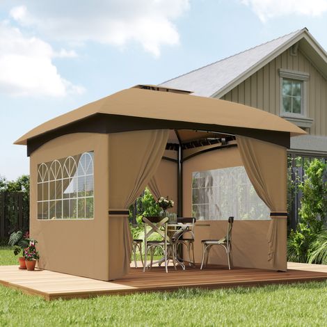 Beige - Gazebo de jardin 3,4x3,4 m avec murs, protection UV et toit à 2 niveaux