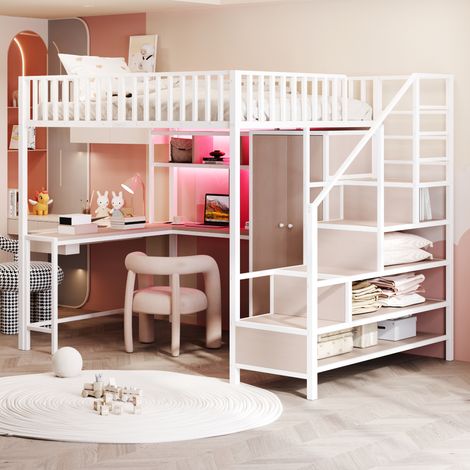 Cama alta con escritorio armario LED y cajones blanca HAVRYA (1/5)