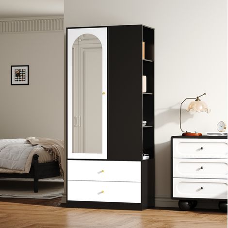 Armario con espejo, 1 puerta, 2 cajones y 4 estantes, 80 x 40 x 180 cm, blanco y negro DESVIAE (1/5)