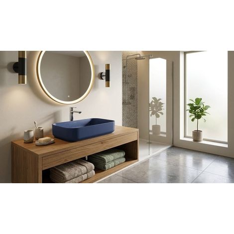 Lavabo rettangolare da appoggio senza troppo pieno in ceramica senza foro rubinetto - Blu Opaco