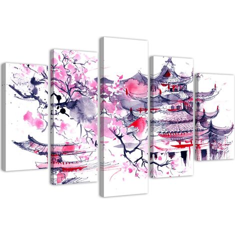 Quadri Quadro 5 pezzi Stampa su tela Paesaggio rosa giapponese - 100x70 (1/5)