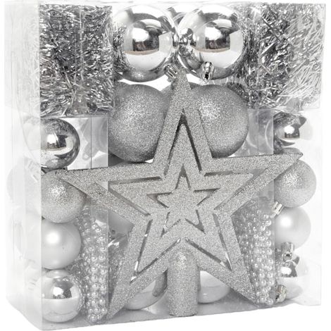 Kit de décoration, pour l'arbre de Noël, Argent, 45 pièces, avec cimier de Sapin, Boules, chaînes de Perles et guirlandes, en Plastique. (1/5)