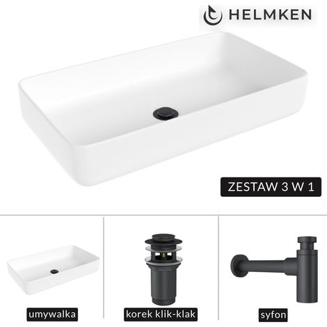 Helmken 48760000 (60x34) Weißes Aufsatzwaschbecken + Mattschwarzer Siphon + Mattschwarzer Klick-Klack-Verschluss (1/5)