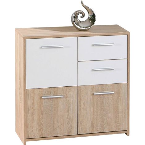 Dmora Credenza a tre ante e due cassetti, colore bianco e rovere, Misure 77 x 77 x 30 cm, con imballo rinforzato (1/5)