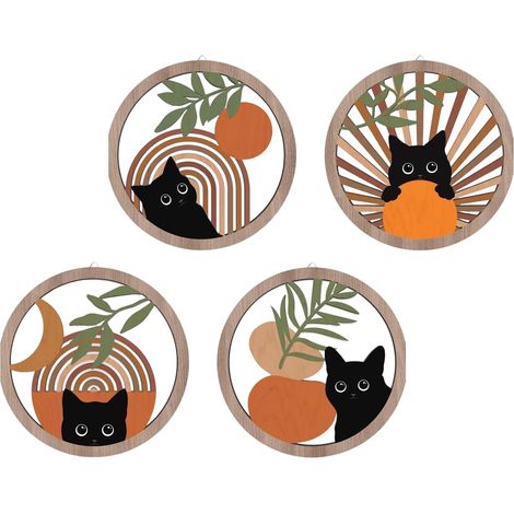 Décor Mural Chat Noir En Bois 4 Pièces De Décoration Murale Chat Noir Style Art Mural pour Chambre d'Enfant et Bébé pour Maison Appartement Salon Salle d'Étude Bureau Chambre Bébé (1/5)