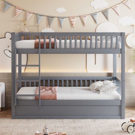 Lit superposé enfant 90 x 200 cm en bois massif avec système hydraulique, lit coffre de rangement robuste et durable, gris (1/4)