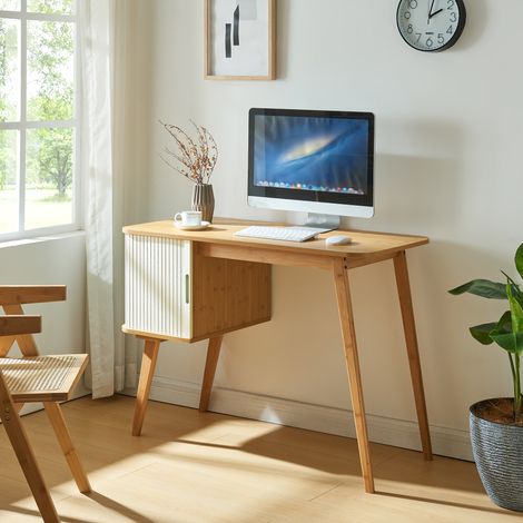 Scrivania Tysvær con Scomparti Chiusi in Bambù - Naturale / Bianco Crema [en.casa]