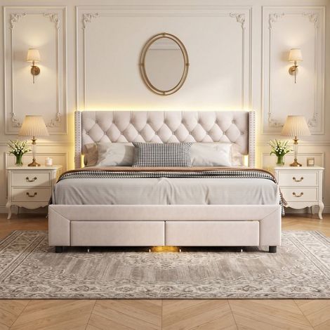 Lit 140x190 cm avec LED et 2 tiroirs, lit double 140x190 cm avec USB et rangement, pour petit appartement, velours, blanc cassé (1/5)