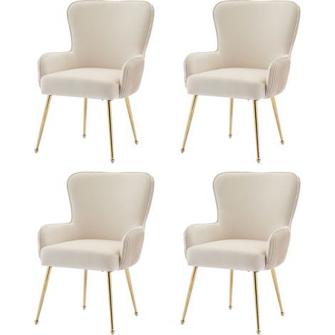Ensemble de quatre chaises de salle à manger en velours, avec quatre pieds de support, des accoudoirs et des pieds réglables en métal plaqué or. (1/5)