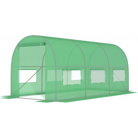 Gewächshaus 4 x 2,5 x 2 Meter - 10m2 - Metallrahmen mit grüner PE-Folie - mit Mückennetzfenstern (1/5)