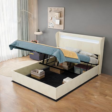 Tête de lit beige en tissu métal 200 x 140 x 156 cm (1/5)