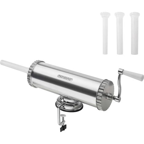 MONZANA® Sausage Stuffer Aluminium with Table Clamp 3 Filling Tubes Manual Sausage Filler Machine Home Kitchen Butcher BBQ 2.5 kg Filling Capacity Sausage Press Silver