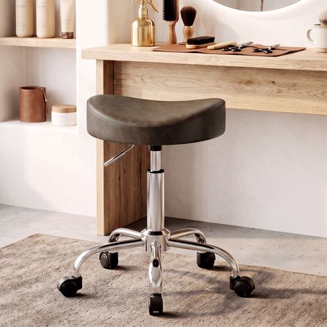 Tabouret Roulettes Salon, Hauteur Réglable 51-66 cm, Assise Rembourrée, Pivotant 360°, Marron (1/5)