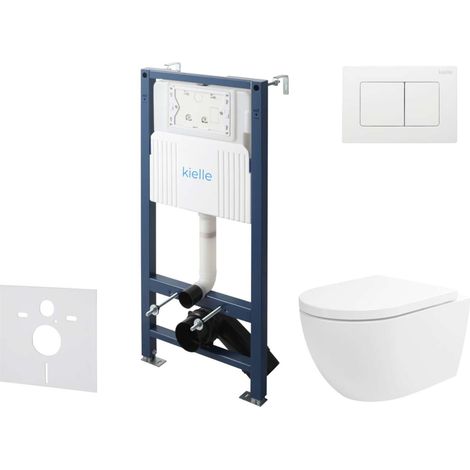 kielle Genesis New - Conjunto de instalación empotrada, inodoro Oudee, Vortex Rimless+, asiento softclose y pulsador Gemini New III, blanco brillante 30528SS25