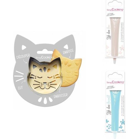 Kit pour biscuit en relief Chat + 2 Stylos au chocolat blanc et bleu pastel