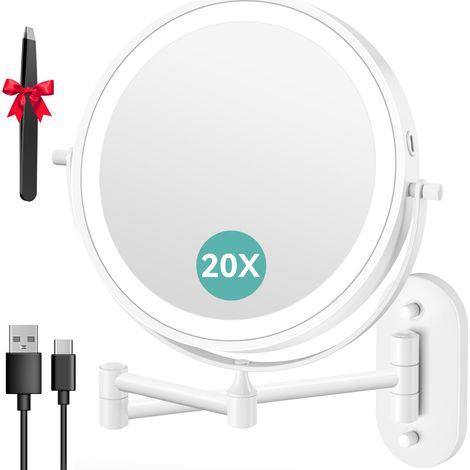 Miroir Grossissant Mural Rechargeable 3200 mAh 1X/20X, Blanc Bouton tactile double face, bras extensible rotatif 360°, 3 lumières, intensité réglable, idéal pour salle de bain et chambre (1/5)