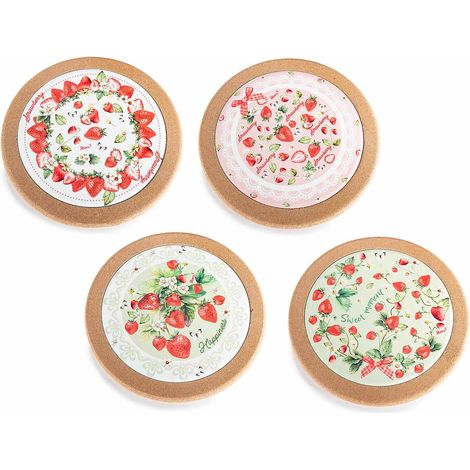 Sottopentola in ceramica con stampa fragoline, rilievi e base in sughero, set da 8 pezzi, Ø 20 cm