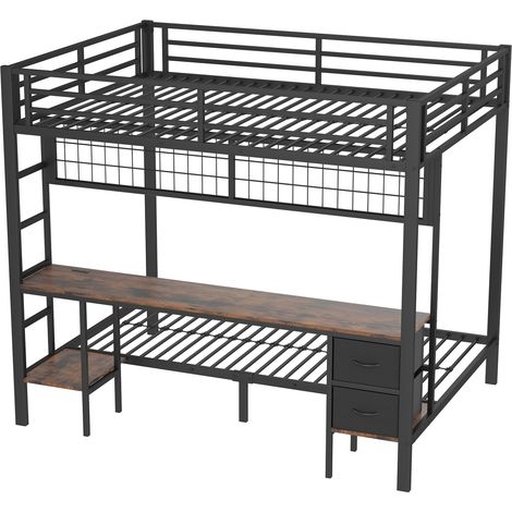 Cama alta 140 x 200 de metal negro con escritorio, cajones, estantes y LED USB (1/5)