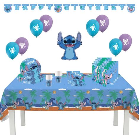 Procos - Decorazione di compleanno Stitch, set da 55 pezzi, contiene 8 piatti di carta, 8 bicchieri di carta, 20 tovaglioli, tovaglia, ghirlanda, 8 palloncini, palloncino in foil, 8 sacchetti (1/5)