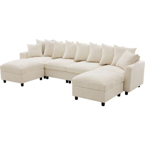 Canapé d’angle modulaire beige en chenille, 6 places avec 2 poufs mobiles et ports USB/Type-C (1/5)