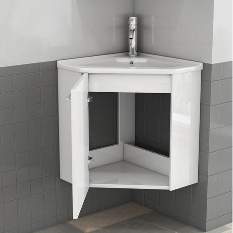 Mueble de baño esquinero con lavabo cerámico, 41,5 x 41,5 x 50 cm, blanco brillo OKMYHOME (1/5)