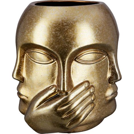 Vase à Fleurs en céramique – Vase Visage ne Rien Entendre dire – Étanche Fabrication européenne – Couleur : Or Vieilli Hauteur 23 cm (1/4)