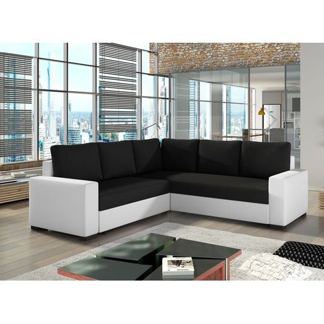 Canapé d'angle convertible simili blanc et tissu noir Travor 235cm (1/5)