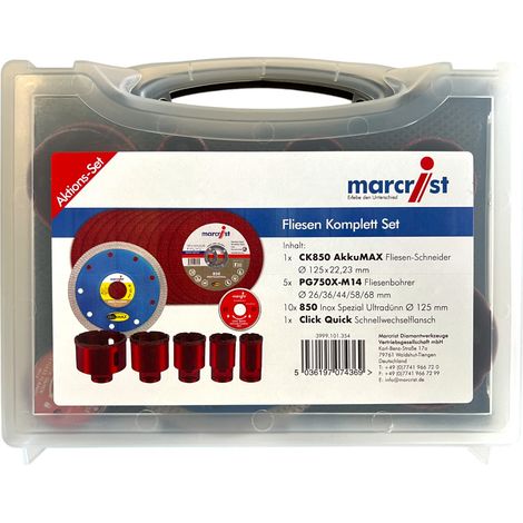 Set completo per piastrelle Marcrist 125 mm + 1x fresa per piastrelle + 5x punte per piastrelle + 10x disco da taglio in acciaio inox + 1x flangia a cambio rapido ( 3999.101.354 ) + custodia