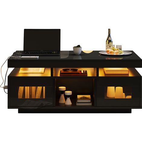 Table basse LED avec prise USB et rangement, plateau noir brillant, 100 x 50 x 43 cm, meuble moderne pour salon, bureau et chambre - CHICFURN (1/5)