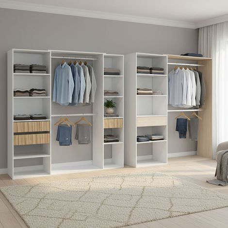 Großer Kleiderschrank Falcade, Modulschrank Schlafzimmer, 4 Schubladen, 12 Regale, 354x187 cm, Weiß Eiche (1/5)