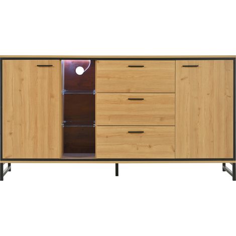 Credenza in legno naturale con 3 cassetti e LED 16 colori, 160 x 40 x 85 cm (1/5)